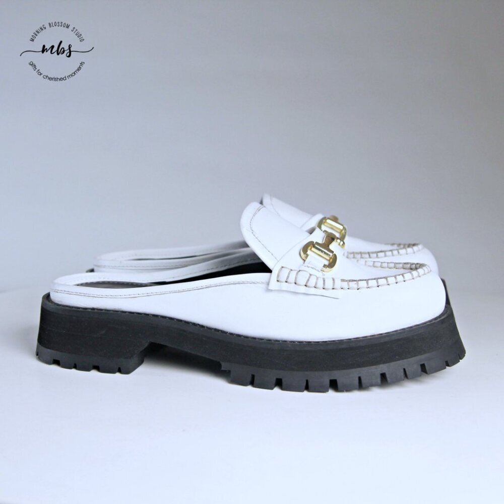 Nasty Gal Leather Chunky Backless Loafers White Gold Women UK 8 EU‎ 41 US 10 - Picture 2 of 15